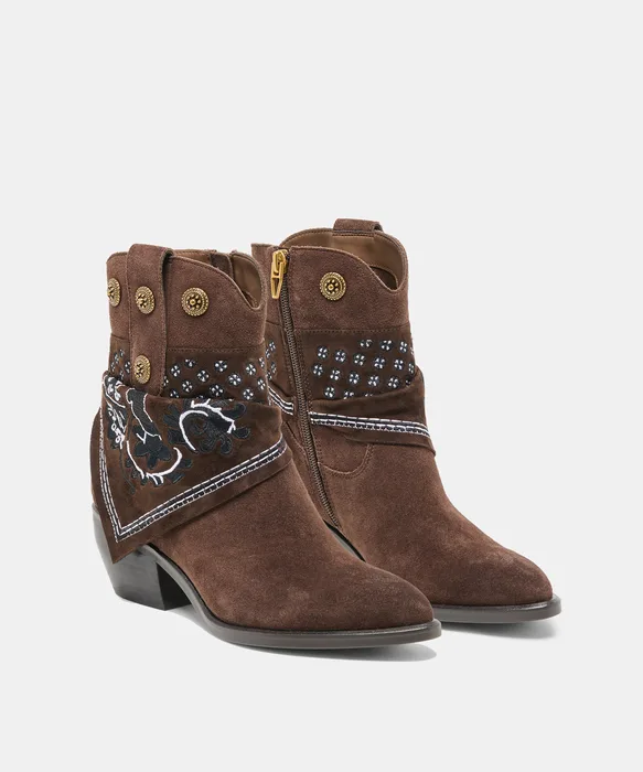 MEKALA Dk Brown Suede Pointed-Toe Ankle Western Boots — view 3