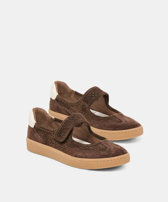 NANET Dk Brown Perforated Suede Mary-Jane Ballet Sneakers — view 3