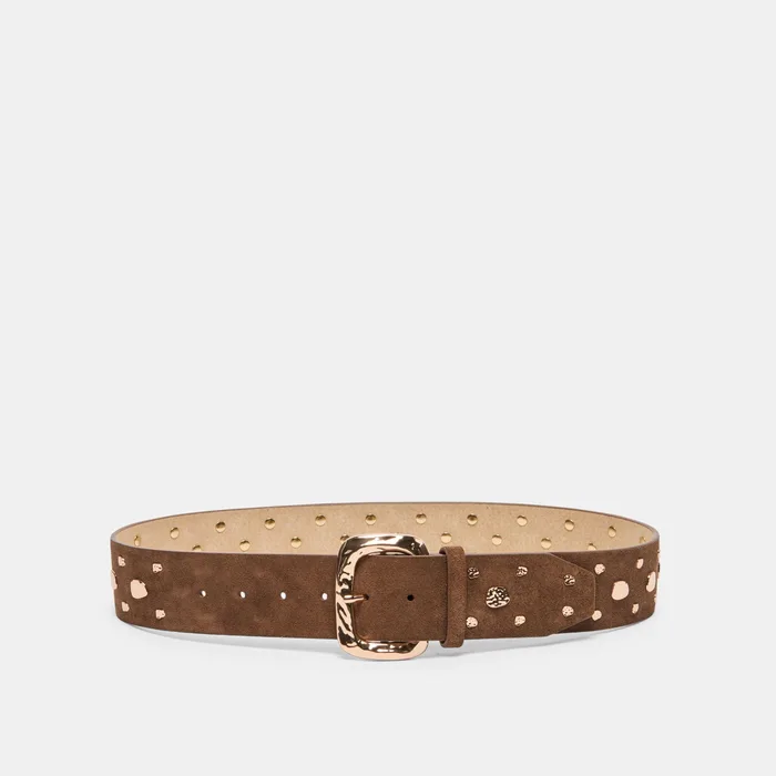 Rectangle Buckle Brown Suede Gold Studded Belt — view 2