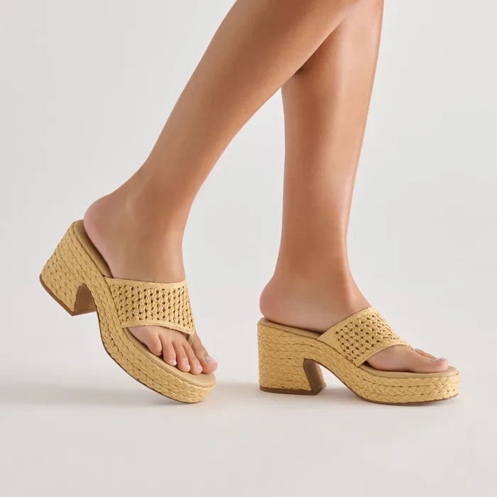 RIPPLE Lt Natural Raffia Platform Thong Block Heel — view 3