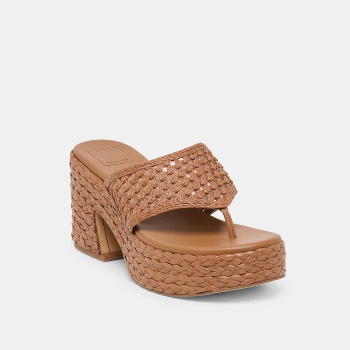 RIPPLE Mid Brown Raffia Platform Thong Block Heel — view 3