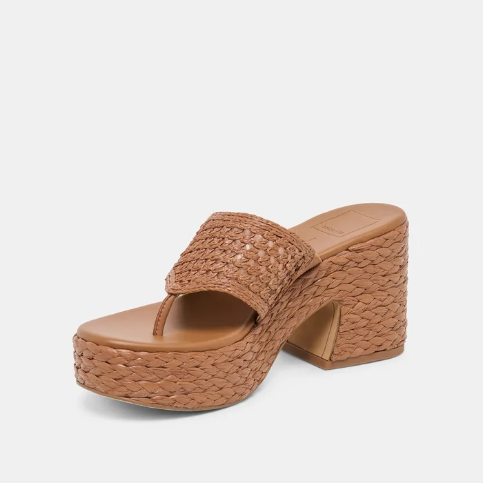 RIPPLE Mid Brown Raffia Platform Thong Block Heel — view 5