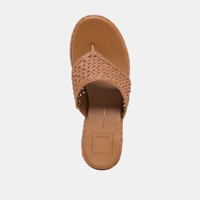 RIPPLE Mid Brown Raffia Platform Thong Block Heel — view 9