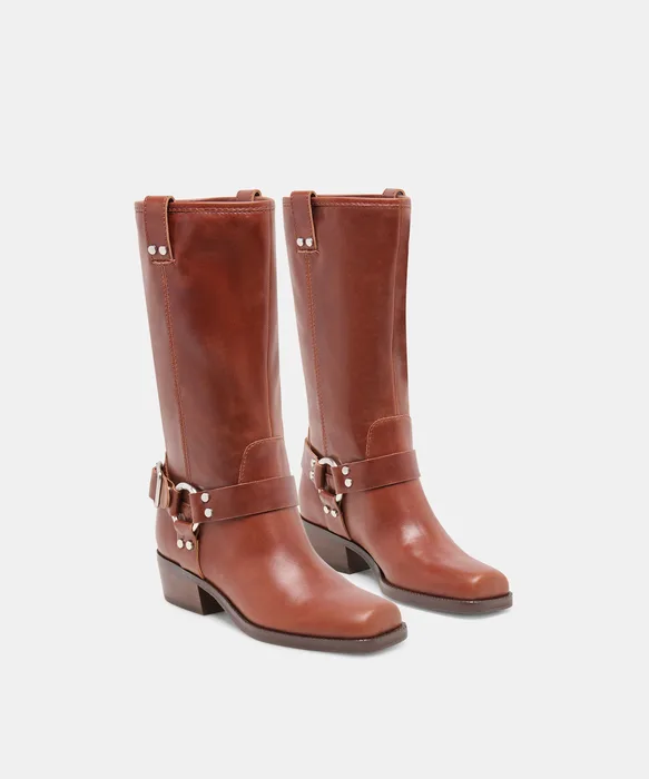 ROLAN Brown Patent Leather Mid-Calf Moto Boots — view 3