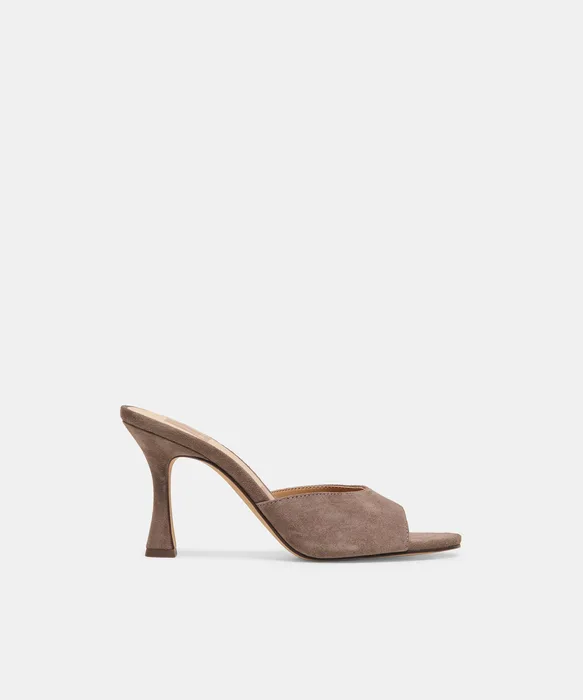 ROSHA Dove Suede Open-Toe Mule Heels — view 2