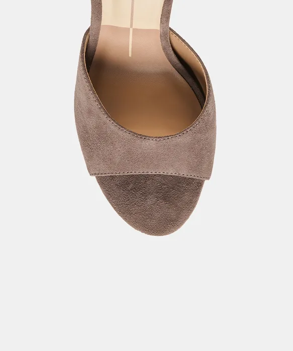 ROSHA Dove Suede Open-Toe Mule Heels — view 4
