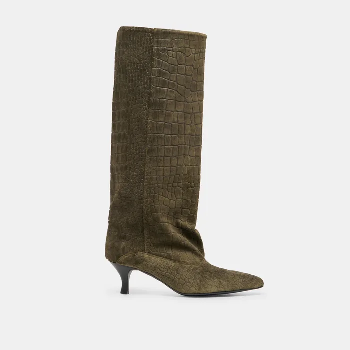 Roxla Olive Croco Embossed Leather Boots — view 2