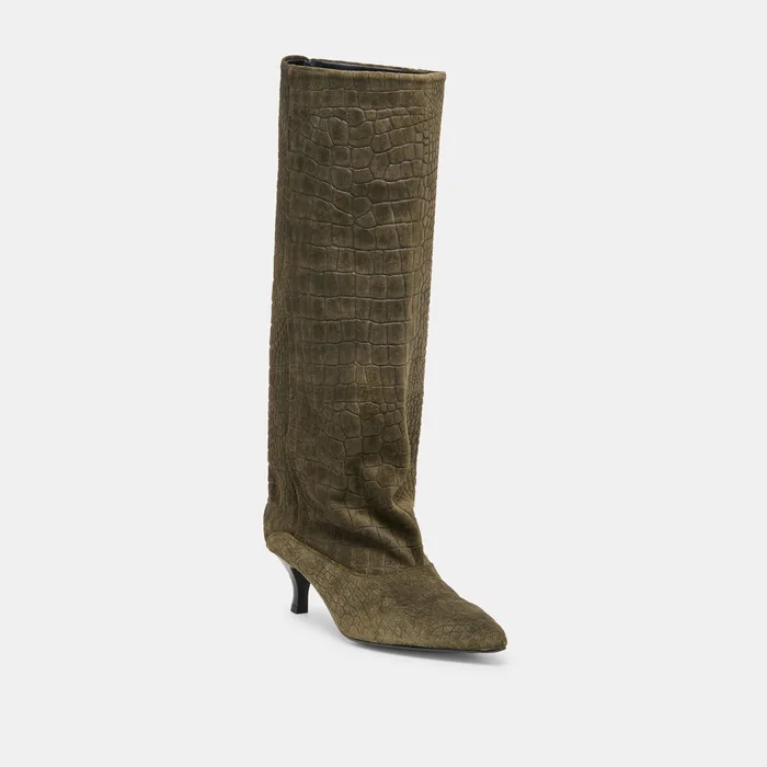 Roxla Olive Croco Embossed Leather Boots — view 4