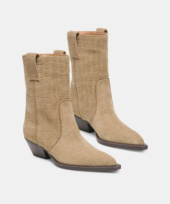 RYEN Taupe Embossed Suede Western Ankle Booties — view 3