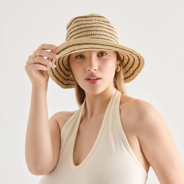 Striped Brown Natural Straw Cloche — view 3