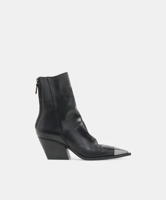 TALLEN Black Leather Block Heel Pointed-Toe Western Booties — view 2