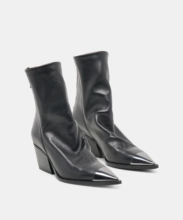 TALLEN Black Leather Block Heel Pointed-Toe Western Booties — view 3