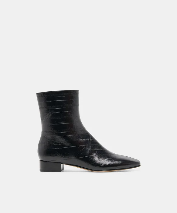 Tarine Noir Embossed Leather Block-Heel Ankle Booties — view 2