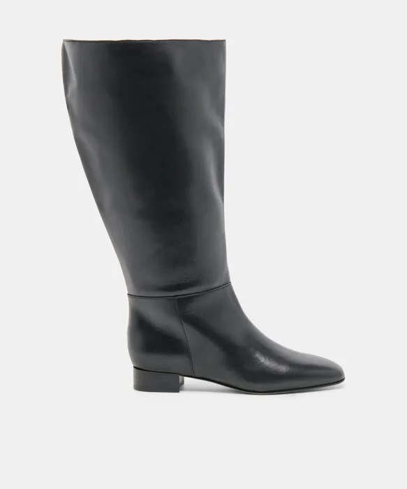 TYWIN Extra Wide Calf Black Leather Knee-High Boots — view 2