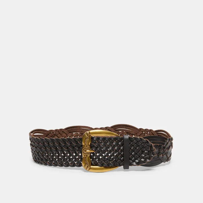 Western Espresso Woven Leather Belt with Silver Buckle — view 2