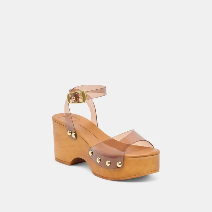 YASMON Whiskey Vinyl Jelly Open-Toe Wood Sole Wedges — view 3