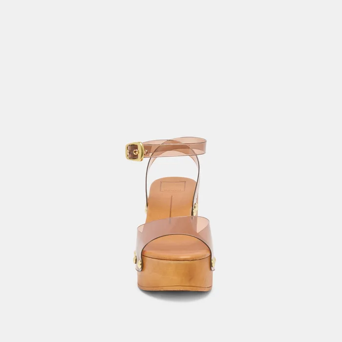 YASMON Whiskey Vinyl Jelly Open-Toe Wood Sole Wedges — view 7