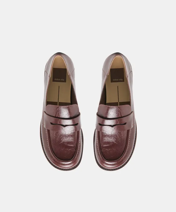 YASMYN Coffee Crinkle Patent Penny Loafers — view 4