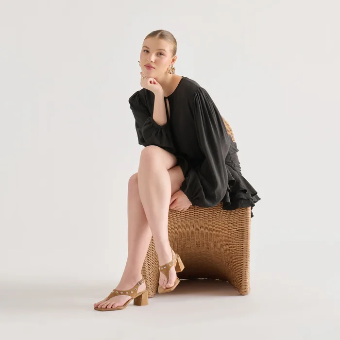 Yves Stud Lt Brown Suede Heels — view 5