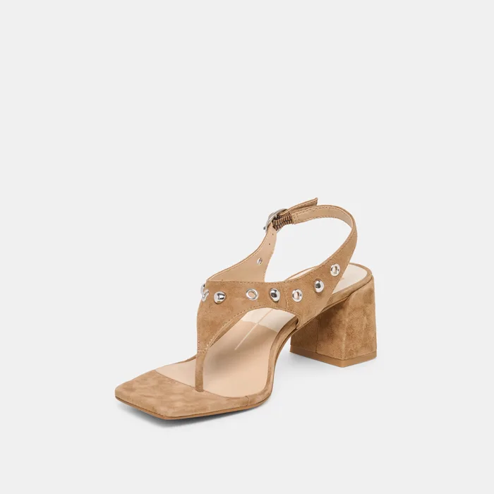 Yves Stud Lt Brown Suede Heels — view 7